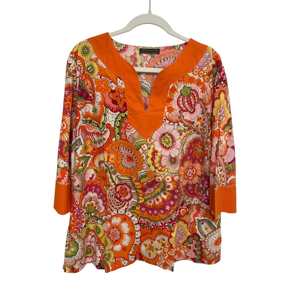 Handmade Tunic Top Orange Psychedelic Floral Paisley 3/4 Sleeve 70s Style Large